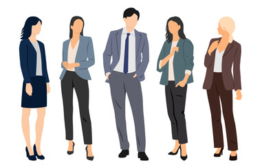 Obraz premium Set of young man and women, different colors, cartoon character, group of silhouettes of standing business people, design concept of flat icon, isolated on white background