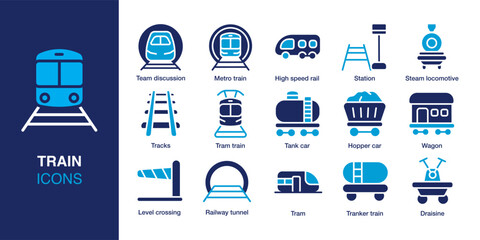 Train icon set. Containing metro train, tram, railway tracks, tank car, train station, and more. Solid vector icons collection. Vector illustration. © Vactory_Icons