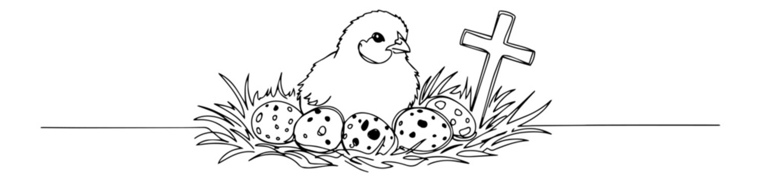 black and white chick with easter eggs clip art preview