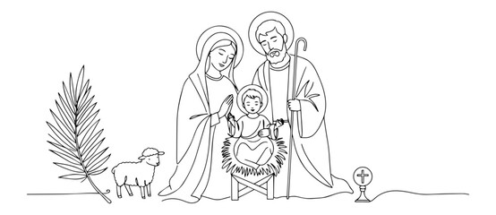 holy family with palm and animals biblical scene abstract monoline patterns interweaving bold strokes and delicate details