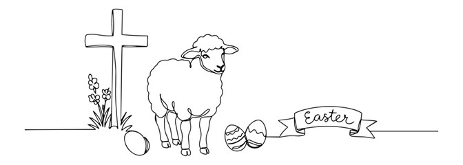 lamb with cross and easter eggs abstract monoline drawing, clean modern vector line art
