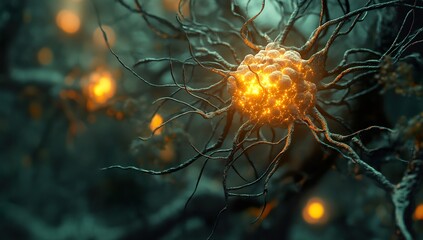  Anime-Style Detailed View of Human Brain Cell with Glowing Neurons, Intricate Network Connections. Central Gray/Dark Blue Figure, Yellowish-Orange Pearlescent Flower Bud Structures, 