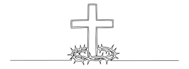 cross with crown of thorns and rays abstract continuous-line silhouette 