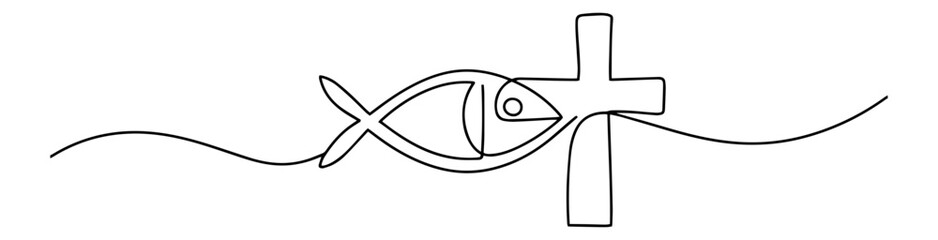 fish with christian cross and eye symbol abstract continuous line vector drawing in minimalist modern black style