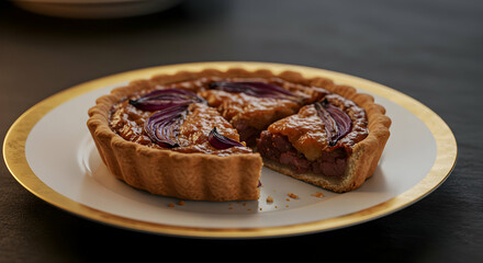 Sliced Onion Tart On White Plate With Golden Trim