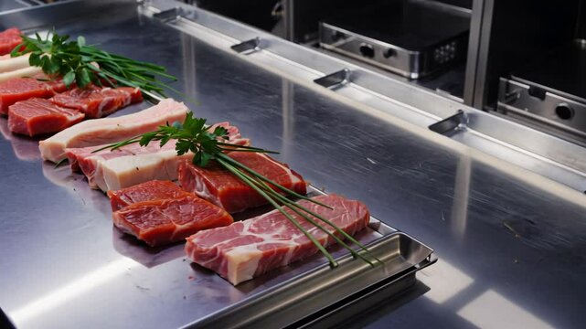 Rows of Fresh Meat Cuts Prepared with Herbs on a Stainless Steel Kitchen Countertop