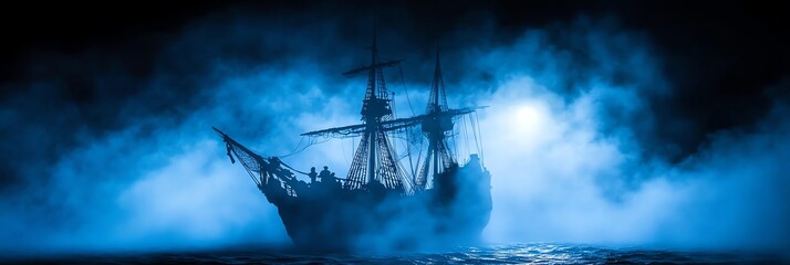A phantom pirate ship emerges from the eerie fog, crewed by ghostly sailors with tattered sails, under moonlit horror and cinematic lighting&mdash;perfect for supernatural and dark fantasy themes
