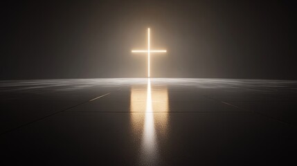 In a dark, mysterious hall, a radiant, glowing cross shines brightly, serving as a beacon of hope and faith in a digital, ethereal space