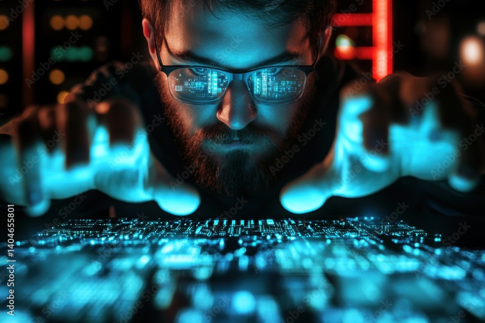 Poster technologist analyzing data on a circuit board in a dimly lit environment