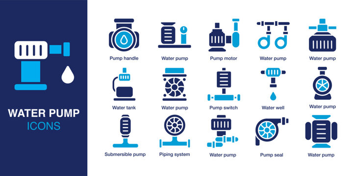 Water Pump icon set. Containing pump handle, motor pump, submersible pump, water tank, piping system, and more. Solid vector icons collection. Vector illustration.