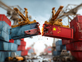 g. Shipping yard with cranes lifting containers representing the US and China into a head-on collision pose, symbolizing trade war intensity 
