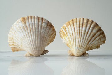 Unique seashells display with intricate patterns against a neutral backdrop