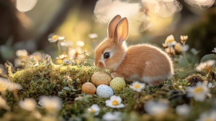 A charming bunny amid pastel Easter eggs, resting in vibrant spring grass under the warm sun