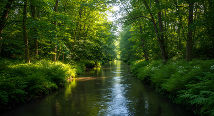 Serene Forest Stream Flowing Through Lush Greenery Under Sunlight Canopy