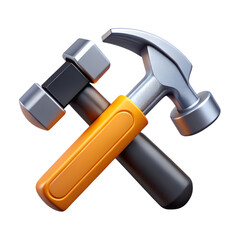 Isolated 3D vector illustration shows a black hammer, alongside a screwdriver and nail, essential metal tools for construction and home repair