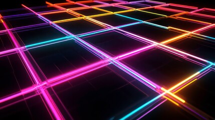 Abstract colorful neon grid pattern on black background.