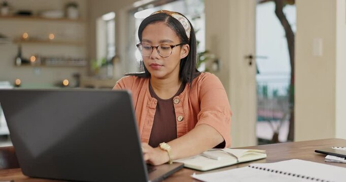 Remote work, laptop or business woman writing in book for home office mind map, planning or idea inspiration. Freelance, elearning or entrepreneur with pc, search or notebook for upskill training