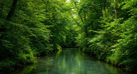 Lush green river flowing through a dense forest landscape, serene nature