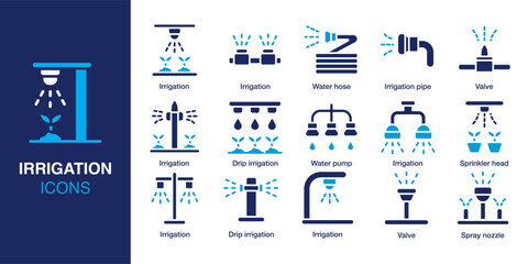 Irrigation icon set. Containing irrigation pipe, sprinkler head, drip irrigation, spray nozzle, water pump, water hose and more. Solid vector icons collection. Vector illustration.
