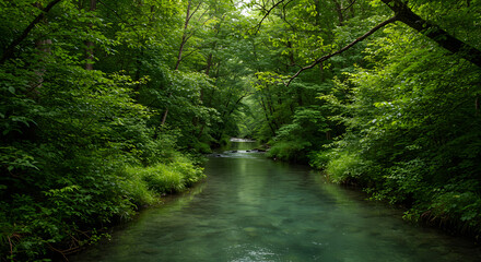 Obraz premium Tranquil Forest Stream Flowing Through Lush Green Vegetation in Nature