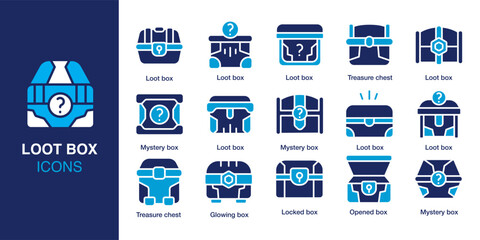 Loot Box icon set. Containing loot box, mystery box, treasure chest, locked box, glowing box, opened box and more. Solid vector icons collection. Vector illustration.