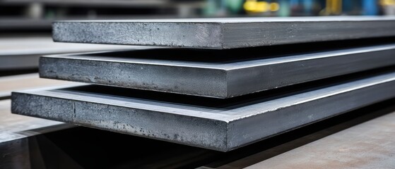 A close-up of recycled steel ingots stacked on the factory floor, showing visible imperfections, but ready to be reforged for industrial use., copy space for text - conservation