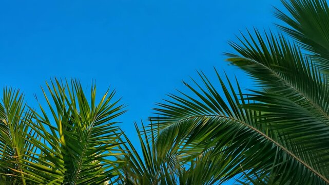 Vibrant palm fronds reach upward against a clear blue sky, suggesting a tropical paradise