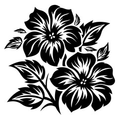 Black and White Floral Design Two Hibiscus Flowers with Leaves Stylized Botanical Illustration