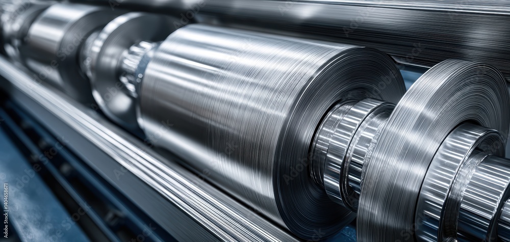Poster cold rolling line with robotic arms and lubricated rollers refining steel sheets into high-tolerance