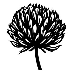 A Black and White Illustration of a Clover Flower with Detailed Petals and Stem