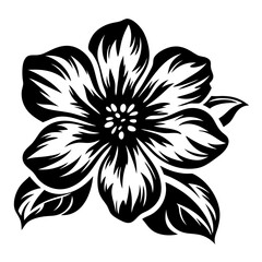 Bold Black and White Floral Illustration of a Single Blooming Flower with Detailed Petals and Leaves