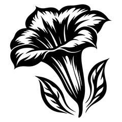 Elegant Black and White Floral Illustration of a Trumpet Flower with Leaves