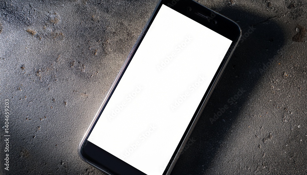 Poster close-up of a modern smartphone with a blank white screen on a concrete surface. generated image