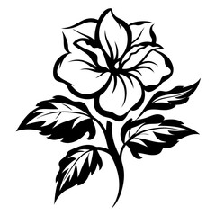 Elegant Black and White Floral Design of a Single Hibiscus Flower with Leaves