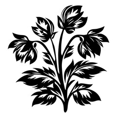 Elegant Black and White Floral Bouquet Illustration Featuring Stylized Flowers and Leaves