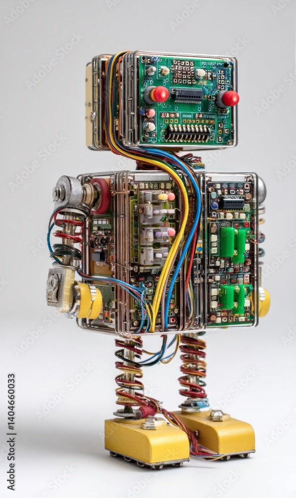 Poster robot sculpture made from electronic components on a plain background