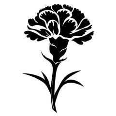 Black and White Silhouette of a Single Carnation Flower with Stem and Leaves