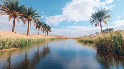 Obraz premium Desert oasis with palm trees and a tranquil river