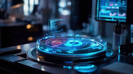 Futuristic holographic display on a circular platform showcasing data analytics.