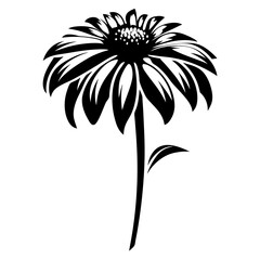 Black and White Illustration of a Single Daisy Flower with a Long Stem and Leaves
