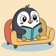 cute penguin reading book on sofa cartoon vector illustration