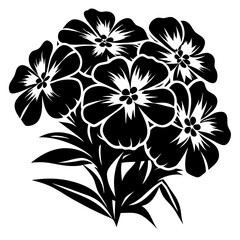 Black and White Silhouette of a Bouquet of Flowers with Five Blooms and Lush Leaves