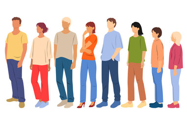 Obraz premium Set of young men, women and teenagers, different colors, cartoon character, group of silhouettes of standing business people, design concept of flat icon, isolated on white background