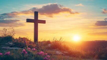 Against the backdrop of a magnificent sunset, a single wooden cross stands bathed in golden light, surrounded by wildflowers, evoking a sense of peace and calm