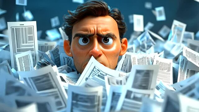 Stressed businessman buried in paperwork, office chaos