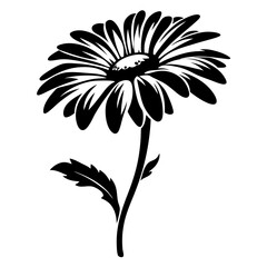 A Black and White Illustration of a Single Daisy Flower with Stem and Leaf