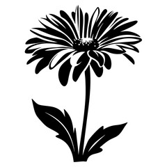 Black and White Silhouette of a Single Daisy Flower with Stem and Leaves