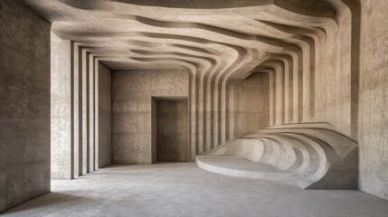 Fototapeta premium Abstract interior architecture with curved concrete walls and seating.