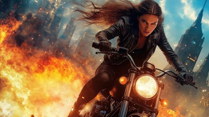 Action shot with woman on the bike riding away from fire and explosion. Dynamic scene in action movie blockbuster style.