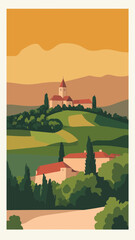 Naklejka premium Vintage Travel Poster of Bourgogne-Franche Landscape with Rolling Hills and Village
